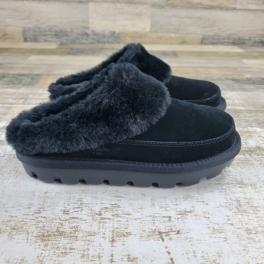 UGG Tizzey Womens Slippers Sz 7 Black Suede Slip On Round Toe Faux-Fur Collar
